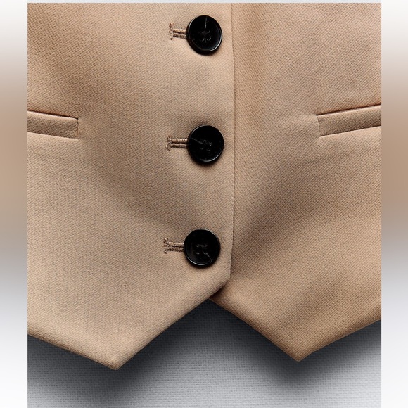 Zara NWT tan camel vest waistcoat with black button front - Picture 8 of 9